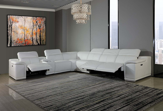 Global United Furniture 9762 White Genuine Italian Leather 3-Power Reclining 7PC Sectional with 1-Console.