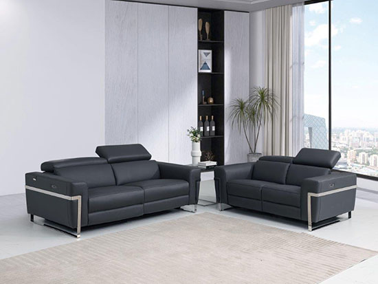 Global United Furniture 990 Power Reclining Italian Leather 2 piece Sofa Set in Dark Gray color. 990-2pcs-dark-gray