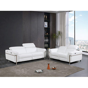 Global United Furniture 990 Power Reclining Italian Leather 2 piece Sofa Set in White color. 990-2pcs-white
