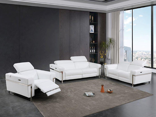 Global United Furniture 990 Power Reclining Italian Leather 3 piece Sofa Set in White color. 990-3pcs-white